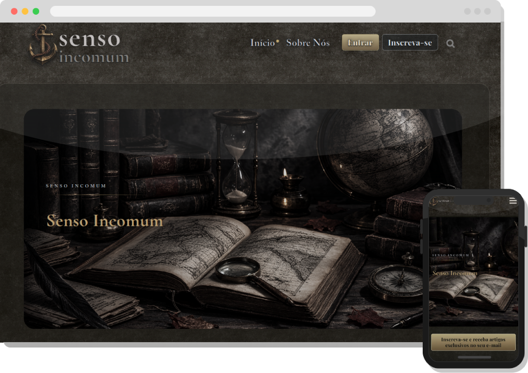 Mockup do site Senso Incomum — versão desktop e dispositivo móvel