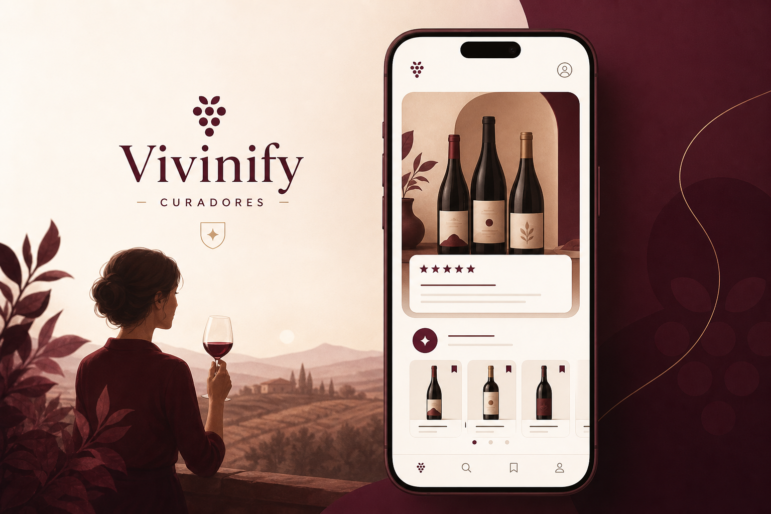 Vivinify, app fictício de vinhos acessíveis: conceito visual de produto no telemóvel com garrafas e avaliações.