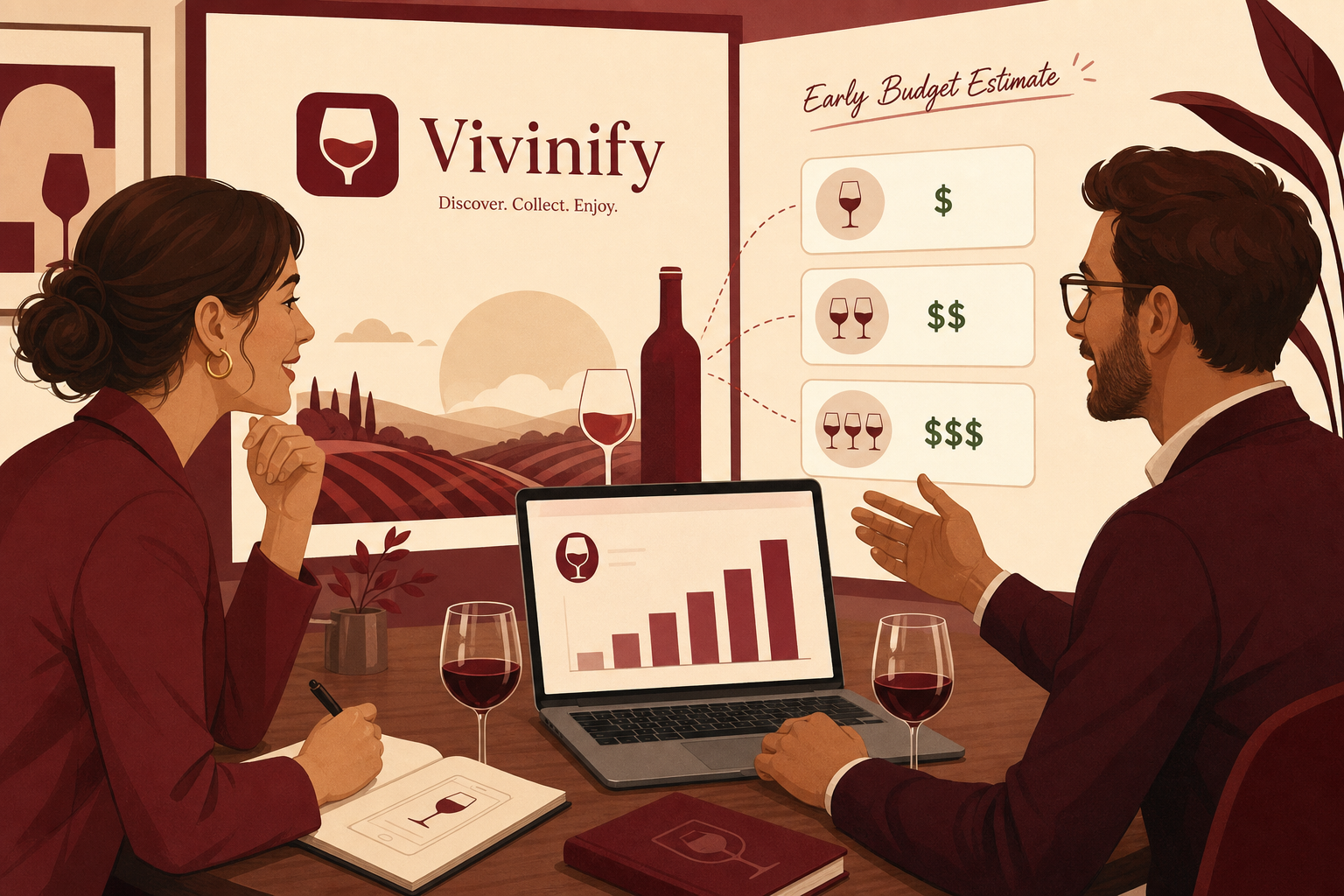 Vivinify: ilustração de reunião com indicadores e preços em dólares ($), evocando indicativo de investimento antes do desenho completo.