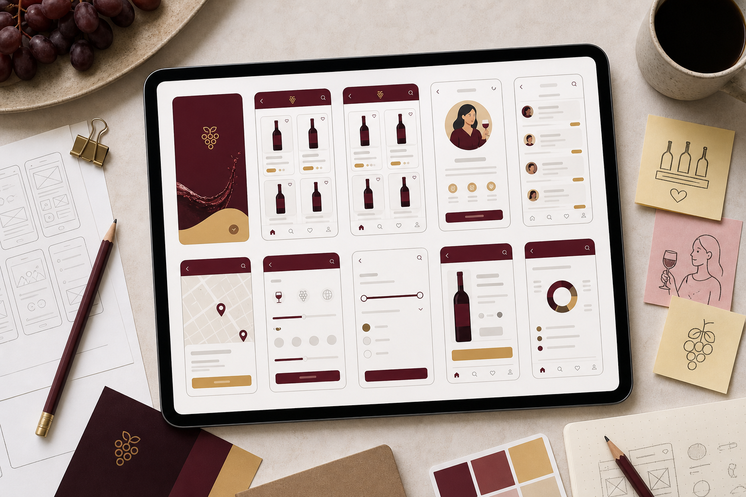 Vivinify: mesa de trabalho com wireframes de telas, curadoria de vinhos e jornadas de utilizador.