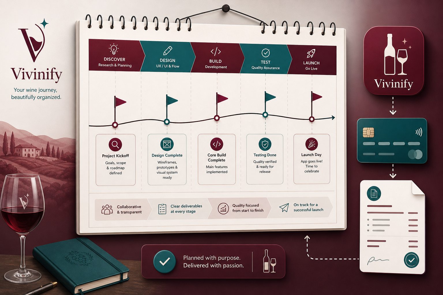 Vivinify: calendário de marcos e elementos de pagamento, evocando cronograma e plano financeiro.